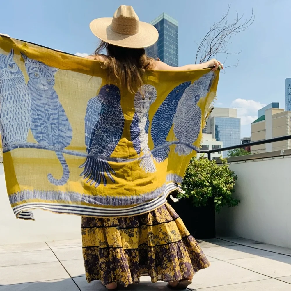 Inouïtoosh Wool Mustard Owl Cat Fringed Blanket Scarf Dupatta
